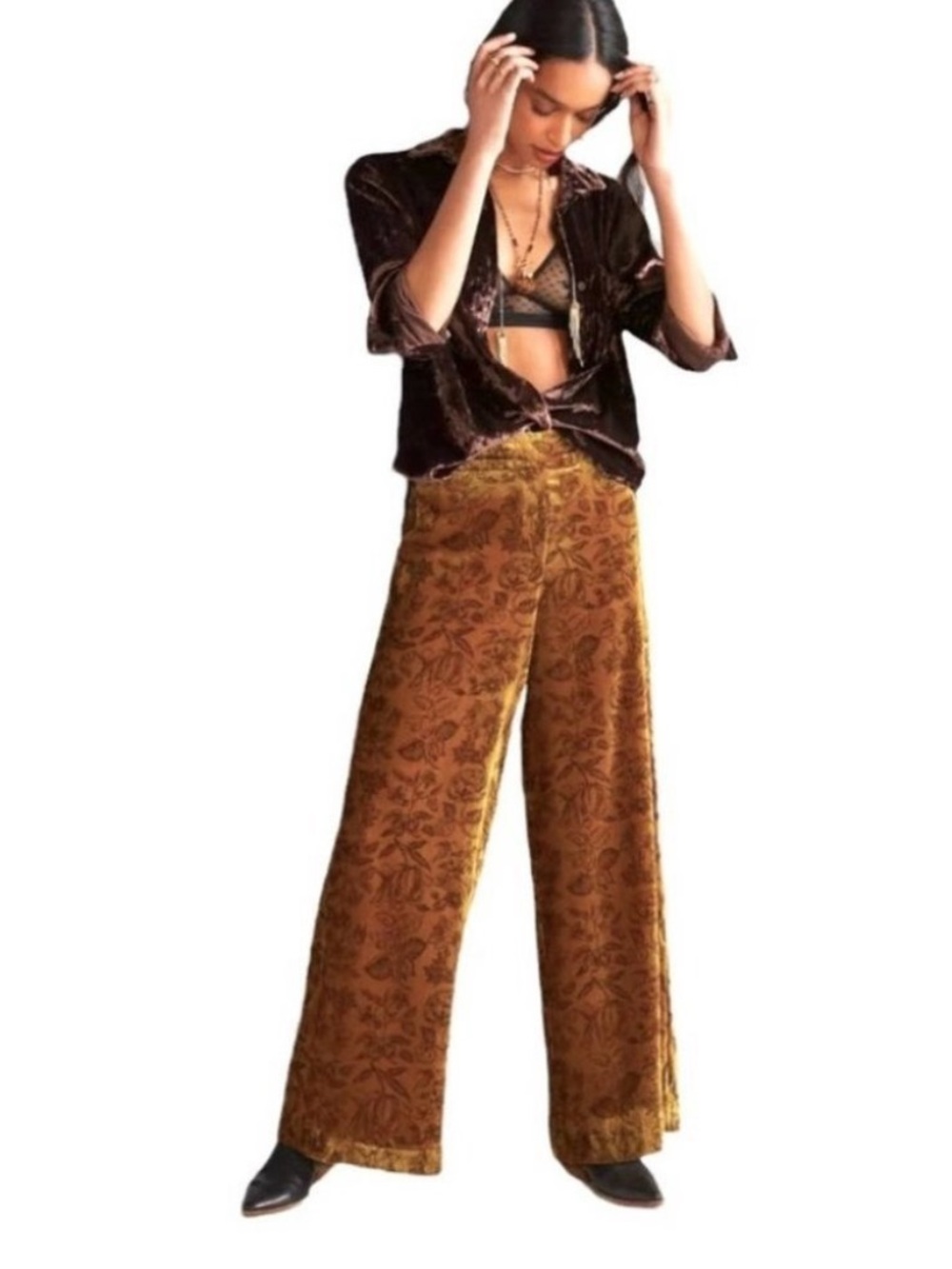 Anthropologie‎ Gold Velvet Floral Bohemian High Waist Wide-Leg Pants Size 4